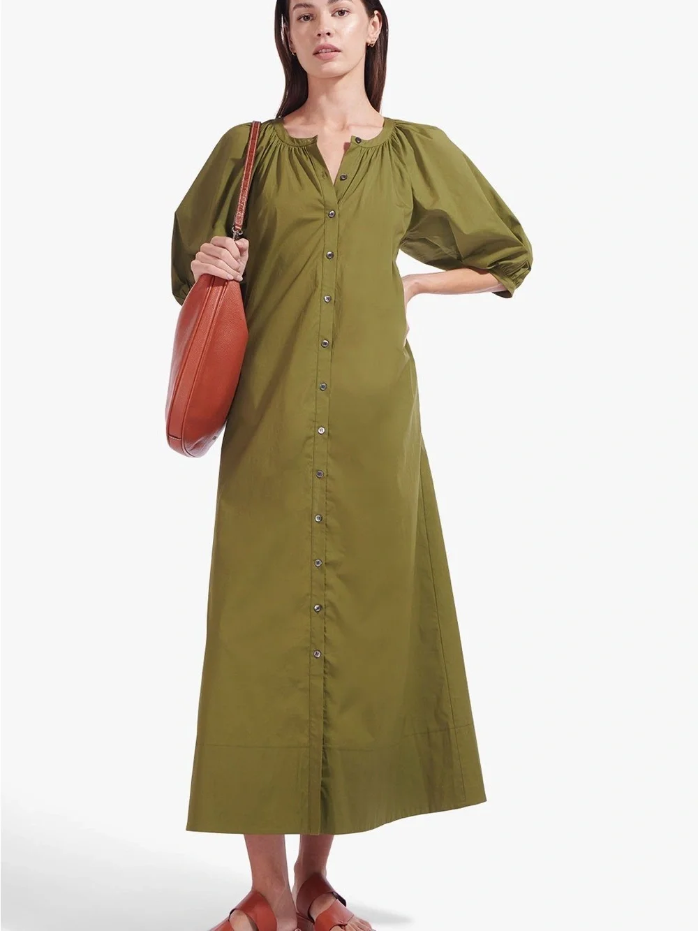 Staud Khaki Vincent Puff-Sleeve Button-Front Women’s Dress - Picture 2 of 6